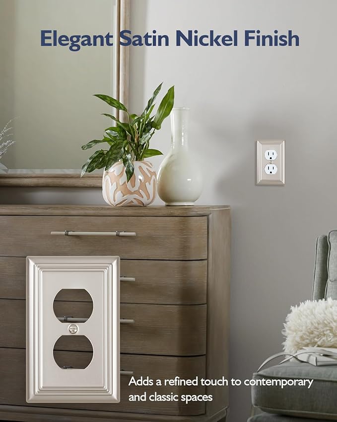 6-Pack Duplex Wall Plate, Decorative Satin Nickel Outlet Covers, Metal Wall Plates for Electrical Outlets, Light Switches, 3.15''*4.88'', Midsize