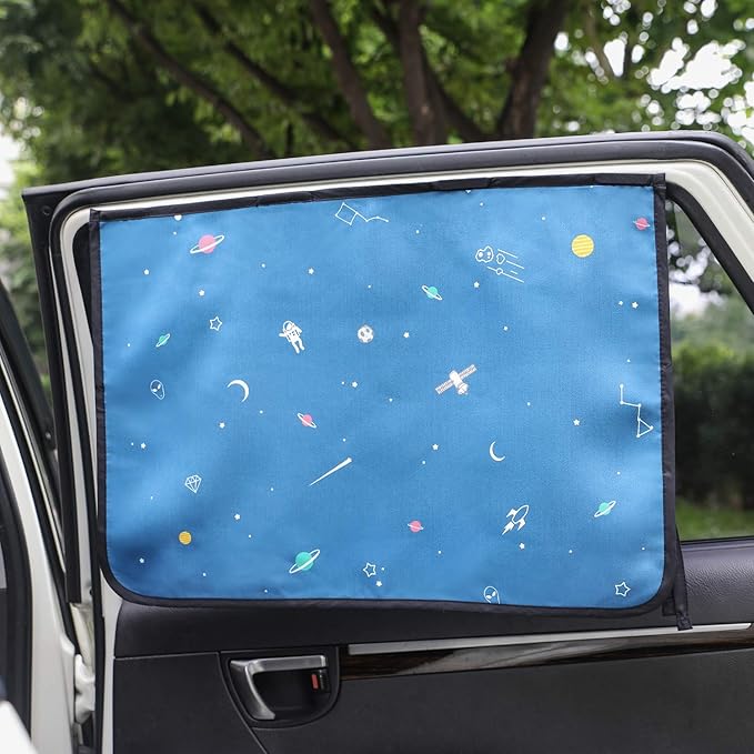 BEBEDECO Magnetic Car Sun Shade Curtain for Side Window – Sun Blocker and UV Protector for Baby, Kids, and Pets – Universal Fit with Built-in Magnets for Steel-Framed Door (Be-Space Travel)