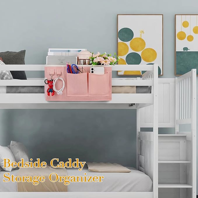 Bedside Storage Caddy/Bedside Hanging Storage Bag for Headboards Bunk Beds Dorm Rooms Book Phone Magazine Holder (2PC Light Pink)