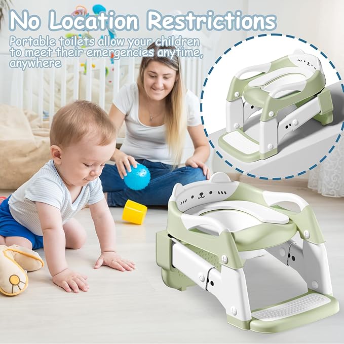 3-in-1 Baby Potty Training Seat with 2 Step Ladder, Splash Guard Anti-Slip Pad, Height Adjustable Toddler Toilet Seat with Soft Cushion for Kids Boys Girls(Green)