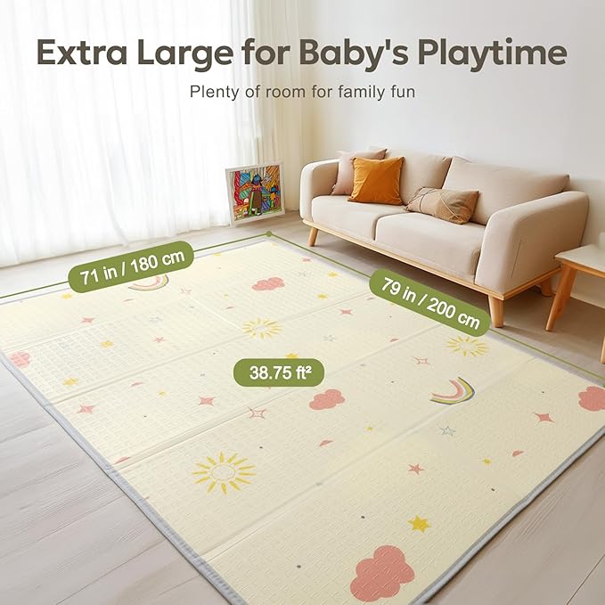 Mallify Extra Large Foldable Play Mat, Reversible Baby Play Mat with Edge Reinforcement, Non-Toxic & Waterproof Baby Mat for Floor, Foam Playmat with Travel Bag, Rainbow, Cloud & Moon, 79"x71"