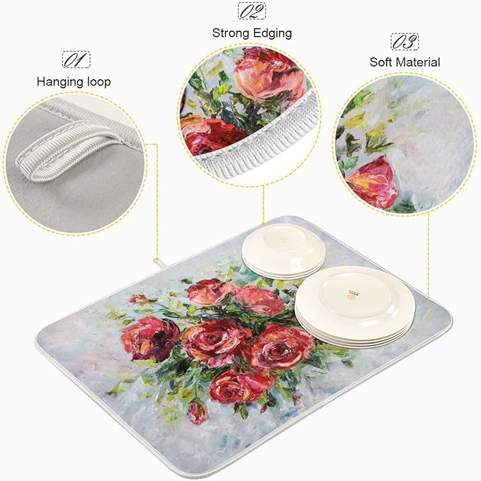 Absorbent Dish Drying Mat for Kitchen Counter - Red Rose Oil Painting Microfiber Drying Pad, Reversible Drainer Mats for Countertop, Small 16" x 18"