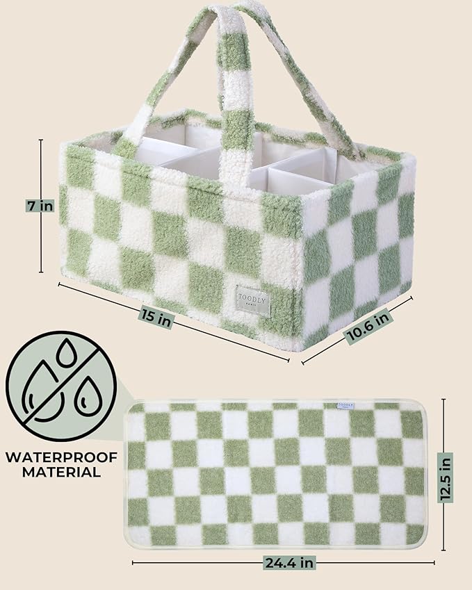 Toodly Checkered Diaper Caddy Organizer with Portable Changing Mat - Teddy Fleece Diaper Organizer for Changing Table - Caddy Organizer with Removable Dividers - Green and White