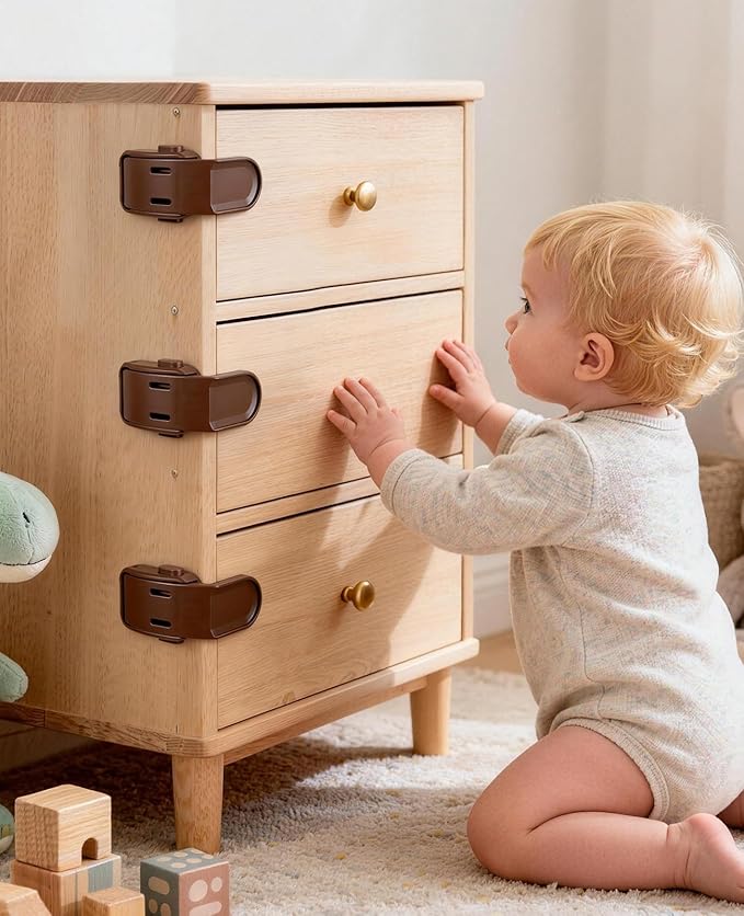 Rcotee 6-Pack Baby Proof Corners Edges Drawer Lock, Childproof Safety Locks Toddler Proofing Cabinet Latch Clips for Pull Out Drawers Side, Easy Install and No Need for Drilling (Brown)