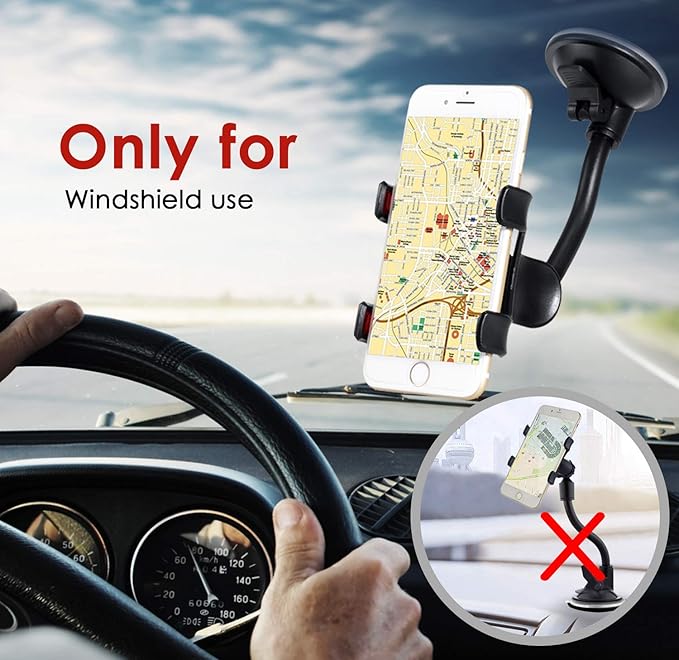ivoler Car Phone Mount Windshield, Long Arm Clamp Universal Windshield with Double Clip Strong Suction Cup Cell Phone Holder Compatible with iPhone 15 14 13 Pro Max XS 7 8 Plus, Galaxy S24 S23 Ultra