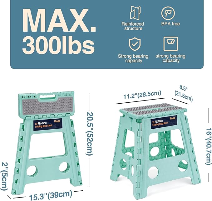 Flottian 16" Folding Step Stool for Adults and Kids Holds Up to 300 lbs,Non-Slip Folding Stools with Handle, Compact Plastic Foldable Step Stool for Bathroom,Bedroom, Kitchen, Teal,1PC