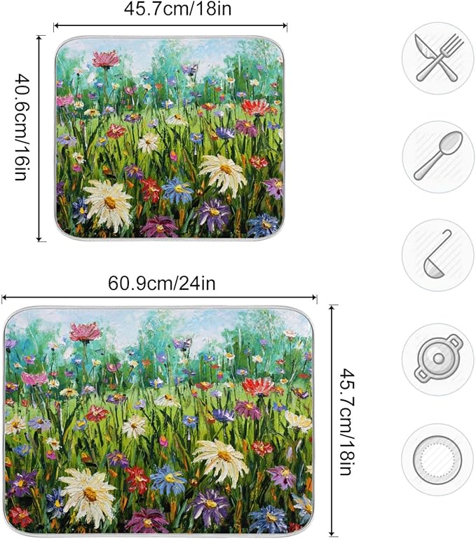 Absorbent Dish Drying Mat for Kitchen Counter - Oil Painting Flowers Microfiber Drying Pad, Reversible Drainer Mats for Countertop, Small 16" x 18"