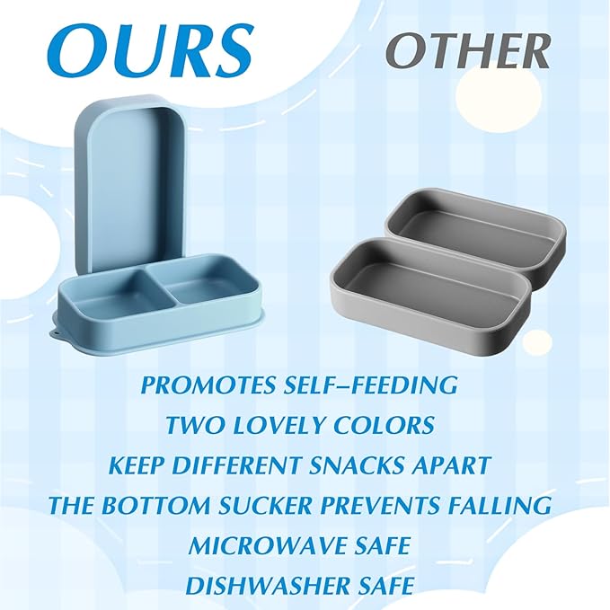 Uiifan 2 Pack Baby Suction Plate Set Silicone Suction Plate with Lid Divided Bowls for Portable Toddler Utensils Compact for Self Feeding Baby Travel Essential(Blue, Sage Green)