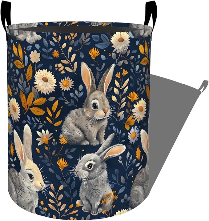 Cute Rabbit White Daisy with Leaves Laundry Basket with Handles, 19.7"x15.7" Clothes Foldable Laundry Hamper Organizer for Dorm Nursery Bedroom Bathroom Decor, Toy Storage Bin for Kids
