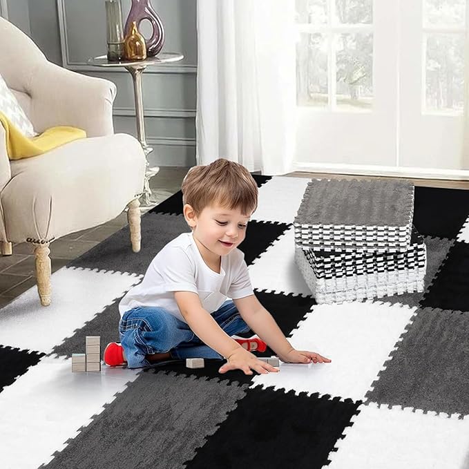 36 Pcs Plush Interlocking Carpet Tiles, Non-Toxic Foam Carpet Tiles for Toddler Baby, Anti-Slip, EVA Foam Interlocking Tiles for Floor, Nursery, Playroom, Grey White Black