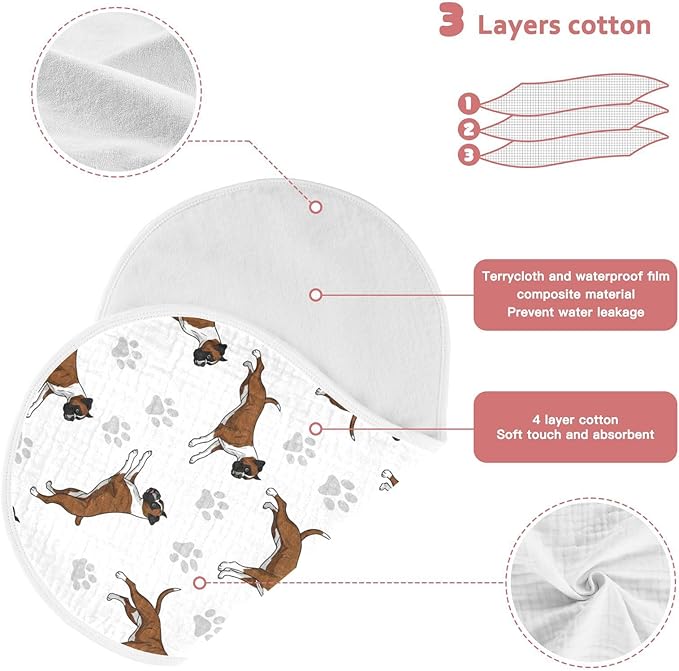 Qinllo 1 Pack Muslin Burp Cloths Boxer Dogs White Cotton Baby Burp Cloths Ultra Absorbent and Soft Thick Burping Cloth for Newborn Babies Boys Girls 22x11 Inch