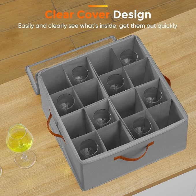 Foyego Wine Glass Storage Box with Dividers, 2 Pack Glassware Storage Containers, Stemware Storage Cases Holds 32 Wine Glasses, Stackable Crystal Storage Containers with Clear Cover for Moving，Gray