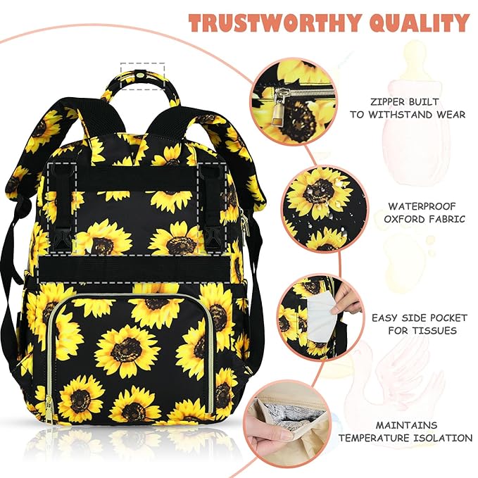 Tenot Baby Diaper Bag Backpack, Travel Diaper Bags for Baby Girl Boy Large Capacity Baby Bag Backpack for Women Sunflower