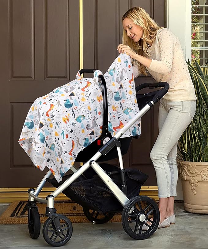 Metplus Car Seat Cover Baby boy, 100% Muslin Cotton Infant Carseat Covers, Lightweight Breathable Car Seat Canopy, Summer Stroller Sun Shade, Newborn Travel Essentials(Dinosaur Party)