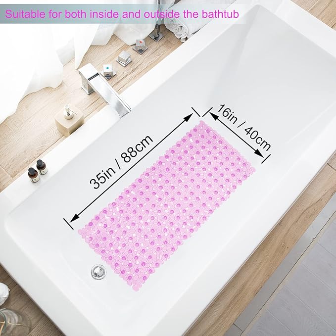 Bath Tub and Shower Mats, Non-Slip Pebble 35 x 16 Inches Machine Washable Bathtub Mat with Drain Holes, Suction Cups for Bathroom (Clear Pink)