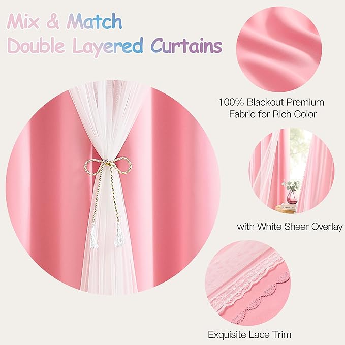 XiDi Double Layer Curtains with Sheer Overlay for Girls Kids Bedroom 96 Inches Long Pink Blackout Curtains Princess Nursery Thermal Insulated Room Darkening Grommet Drapes Lace Hem 2 Panels W52xL96