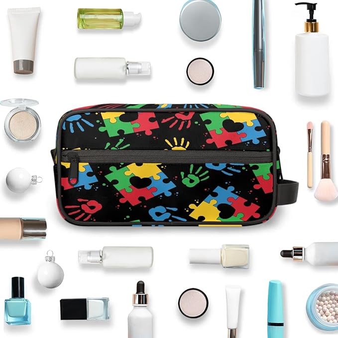 Travel Toiletry Bag for Kids Colorful Puzzle Waterproof Hanging Cosmetic Pouch Dopp Kit Medicine Organizer Bag for Girls & Boys