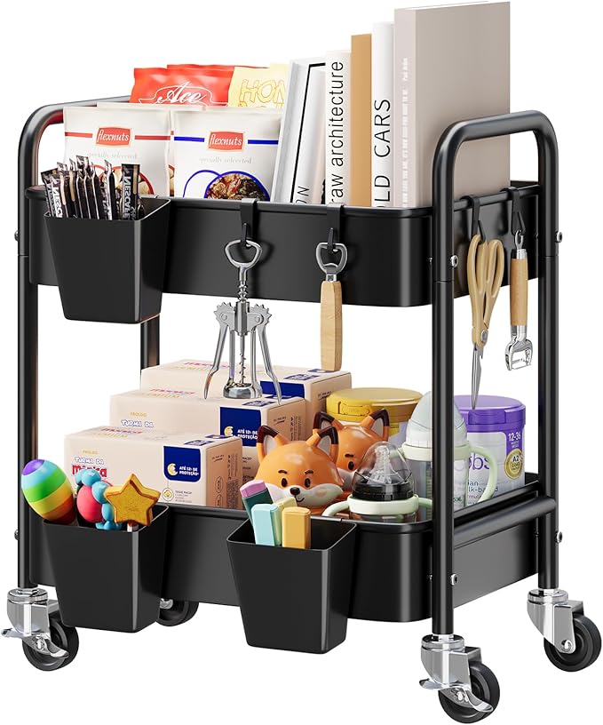 2 Tier Metal Rolling Utility Cart with Wheels Under Desk Storage Cart with Handle, Roll Around Organizer Trolley for Small Space Pantry Bathroom Home Kitchen Office Snack Baby Supplies, Black