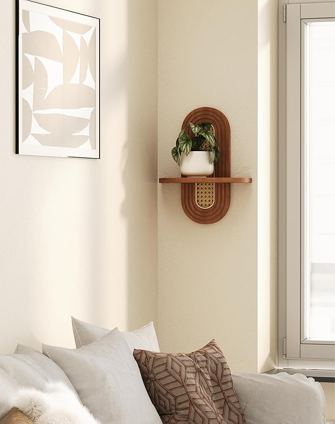 Floating Shelves for Wall, Boho Home Wall Decor,Rattan Plant Shelf Set of 2, Mid Century Small Decorative Shelf, Natural Wood Shelves for Living Room,Bedroom,House,Office (Walnut)
