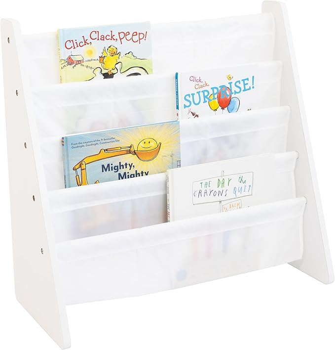 Humble Crew 4-Tier Kids Bookshelf, White Wood/White - Premium Book Shelf for Kids Rooms with Four Deep Pockets - Toddler Sling Book Rack with Deep Sleeves, Nursery Bookcase Organizer