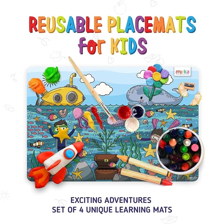 merka Kids Placemats - 17 x 11 in, Multicolor, Set of 4 - Washable Plastic Dining Table Placemats - Reusable & Wipeable Ocean, Space, Jungle & Unicorn Themes - Ages 2+