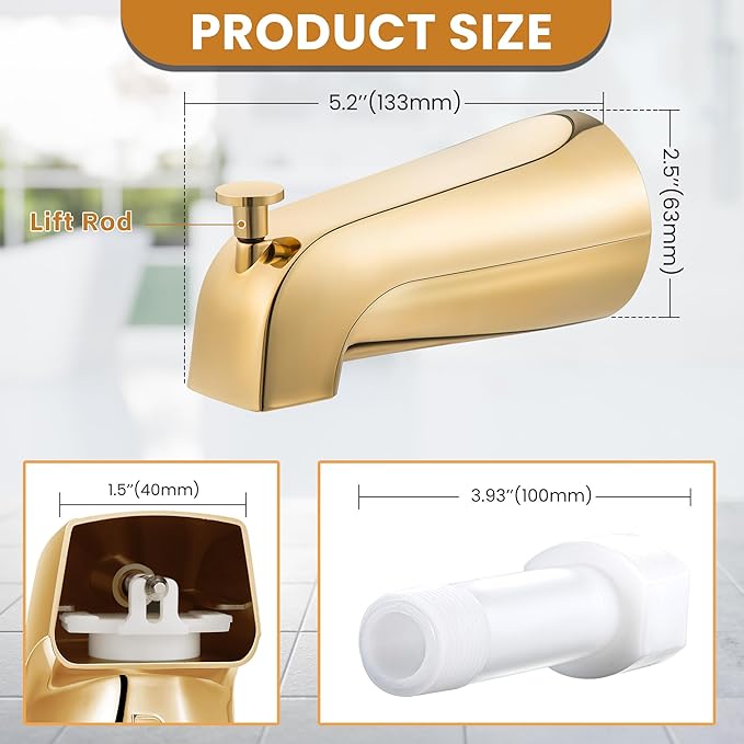 Dreyoo Tub Spout (Universal Fits 1/2" Copper Pipe, 1/2" IPS and 3/4" IPS), Bathroom Bathtub Faucet with Adapters and Hex Wrench(Polished Brass,Simple)