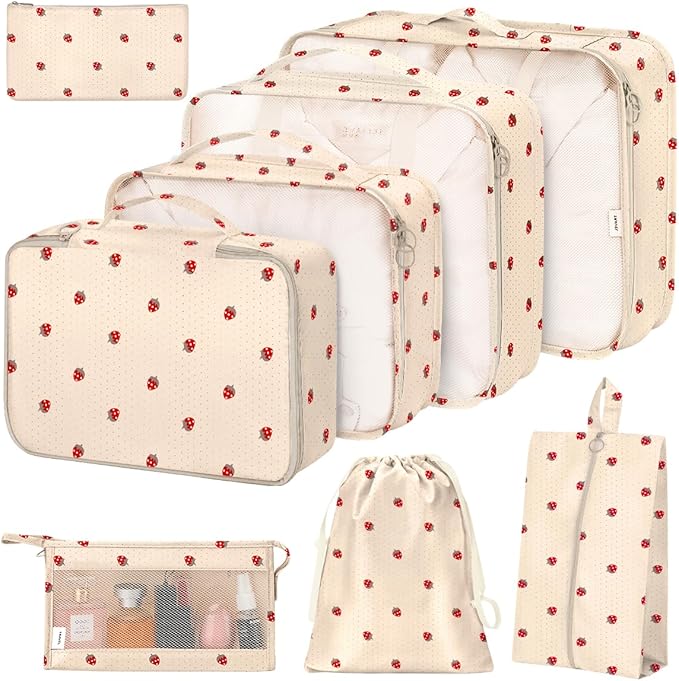 8 Set Packing Cubes for Suitcases,Suitcase Organizer with Shoe,Cosmetics,Clothing, and Accessories Bags for Travel Luggage Organizer Women Men(Beige Small Strawberry)