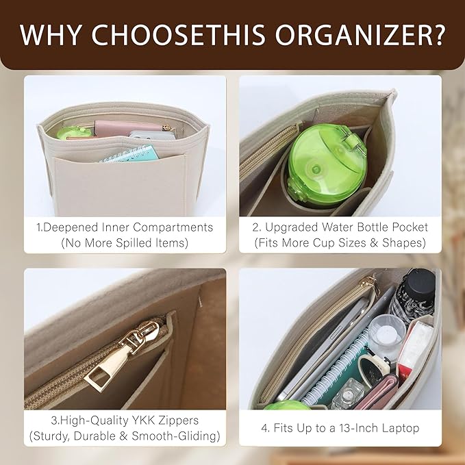 Premium Felt Purse Organizer Insert for Longchamp Le Pliage, Zipper Long Champ Bag Organizer Insert with Cup Holder, 8 Compartments