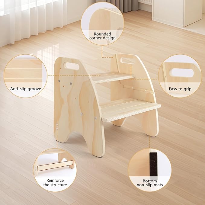 comfoyar Wooden Toddler Step Stool, 2 Step Stool for Kids with Handles and Anti Slip Pad, Convertible Back Chair, Height Adjustable Potty Training Helper Stool for Bathroom Sink, Bedroom