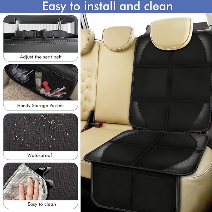 Car Seat Protector Covers - for Child Carseat mat 600d Fabric Waterproof Non Slip Thickest Padding with Storage Pockets Cushion Protectors Large Size Prevent Dirt Scratches (Black 1)