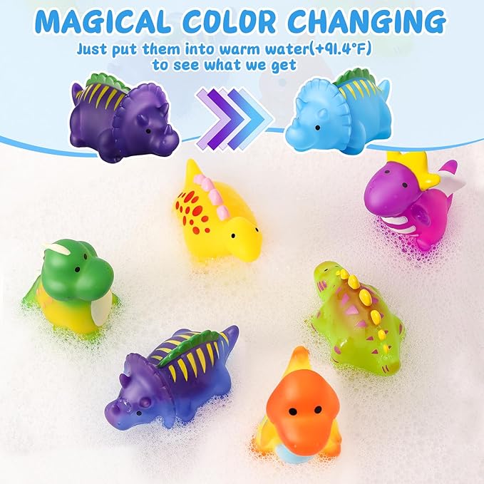 Color Changing No Hole Toddler Bath Toys for Kids Ages 1-3 4-8, Dinosaur Bath Toys Toddlers 2-4, Dinosaur Toys, Valentines Gifts Birthday Valentines Basket Stuffers Bathtub Water Toys with Drying Bag