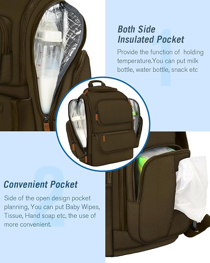 Mancro Diaper Bag Backpack, Large Multifunction Baby Backpack for Travel with Stroller Strap and 2 Insulated Pockets, Diaper Baby Bag for Mom, Dark Green