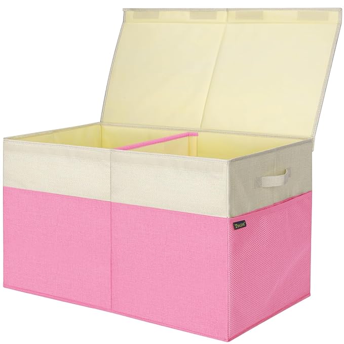BALEINE Fabric Storage Bins with Lid, Collapsible Extra Large Storage Boxes Bins Baskets with Divider for Home Organizing (25"x13"x16", Pink&Beige)