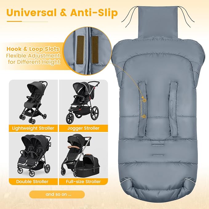Orzbow Universal Footmuff for Stroller, Winter Warm Baby Stroller Bunting Bag, Waterproof Windproof Warm Polar Fleece Lined for Toddler Stroller Sleeping Bag, Grey
