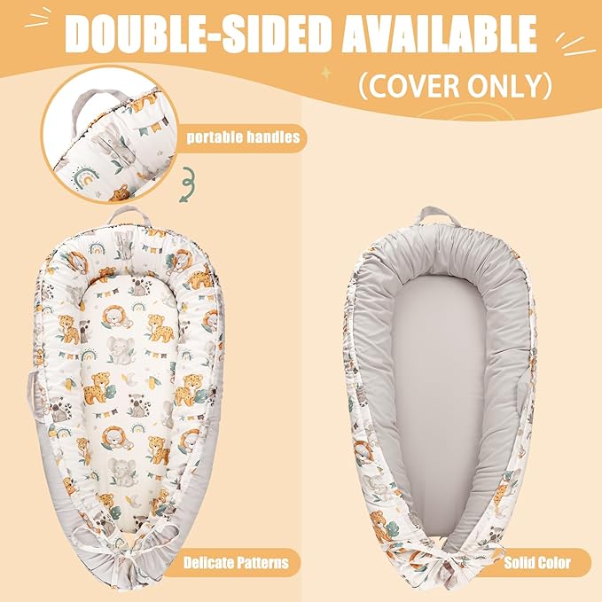 Jundetye Baby Lounger Cover for Boys Girls, Reversible Baby Nest Cover, Adjustable Baby Lounger Replaceable Cover for Infant Newborn, Portable and Machine Washable, Cotton Gray Elephant Cover Only