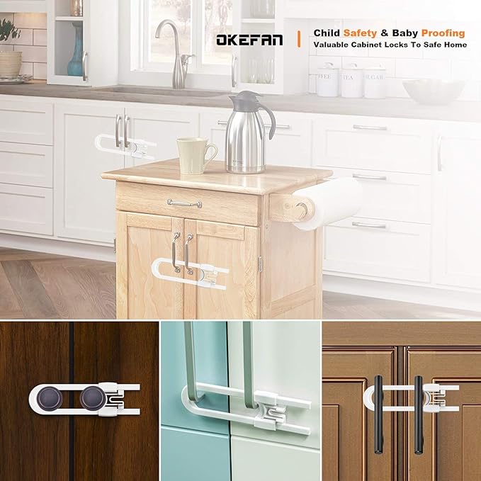 Sliding Cabinet Child Safety Locks - OKEFAN Baby Proofing Cabinet Lock Cupboard Latches for Kids on Closet Door Knobs Handles Pulls No Drill (8, White)