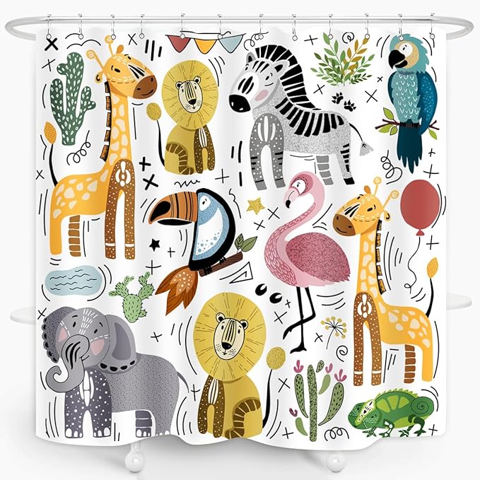 Cute Animal Shower Curtain Wildlife Lion Zebra Elephant Chameleon Flamingo Giraffe Home Bathroom Decor Waterproof Fabric 72Lx72W Inch with Plastic 12PCS Hooks
