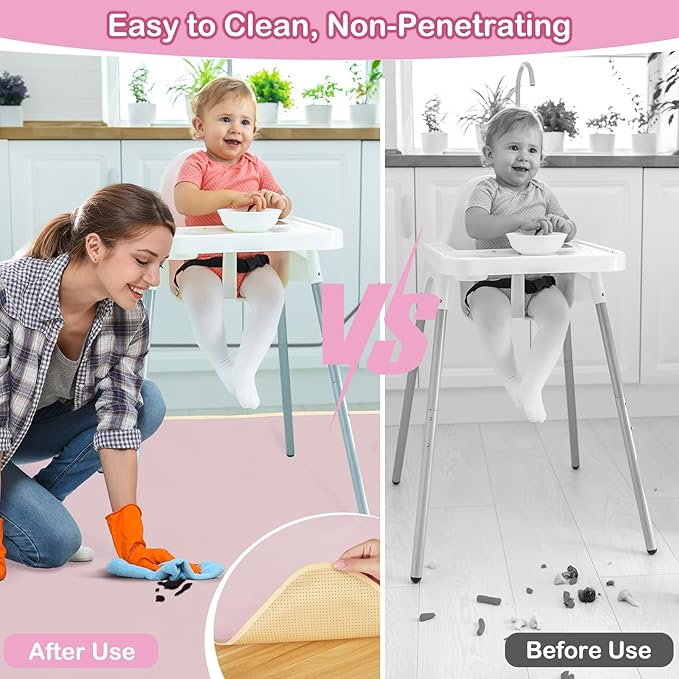 Basumee Splat Mat High Chair Mat Waterproof Baby Play Splat Mat for Under High Chair Food Catcher Highchair Mat for Floor Non Slip Bottom, Pink, 46x42 Inches