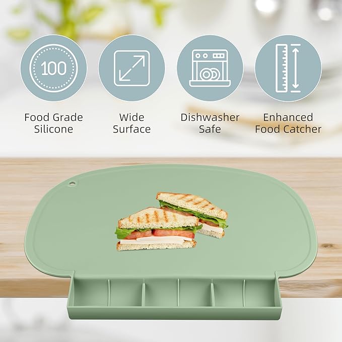 Silicone Placemat for Baby, Tablemats with Food Catching Pocket, Non-Slip Silicone Placemat for Restaurants Home Travel (Gray)