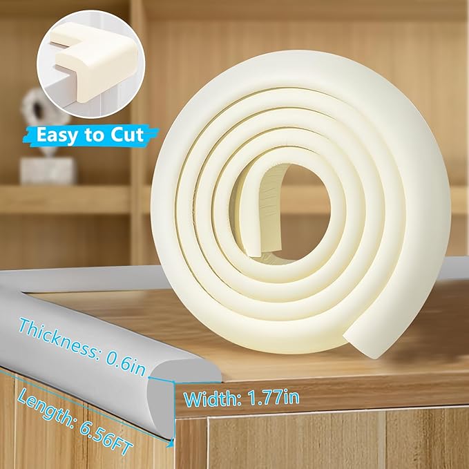 ZOMPAGO Baby Proofing Edge & Corner Protectors, 1 Roll White Foam L-Shape Self-Adhesive Bumper Strip, Soft Shock-Absorbent Wall & Furniture Safety Bumpers for Nursery, Kitchen, Fireplace, Table, Desk