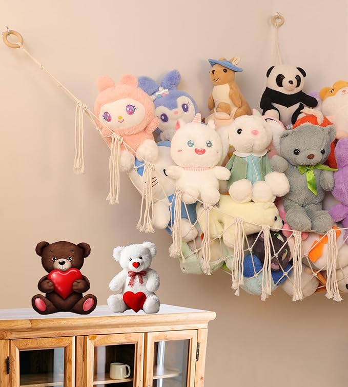 Stuffed Animal Storage Hammock or Net, Large Toy Hammock Net, Macrame Handmade Corner Hanging Plushie Net, Cute Boho Toy Organizer for Nursery, Playroom, Bedroom and Kids Room Decoration