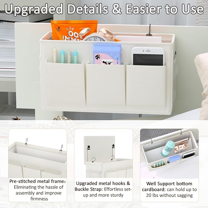 Edudif Dual-purpose Bedside Caddy Bedside Organizer, Bed Caddy with 6 Pockets, Versatile Bedside Storage Solution Magazine Remotes holder, ideal for Home, Dorm, Hospital, Crib Bed (White)