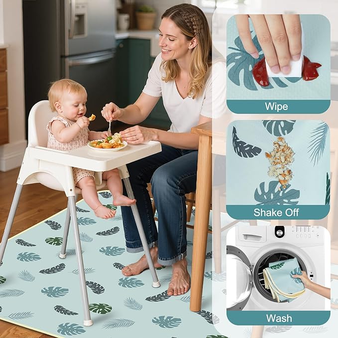 Baby Splat Mat for Under High Chair 51 x 51 Inch Large Waterproof High Chair Mat with Non Slip Bottom Food Catcher for Highchair Boy Girl Mat for Floor Machine Washable, Blue Leaves