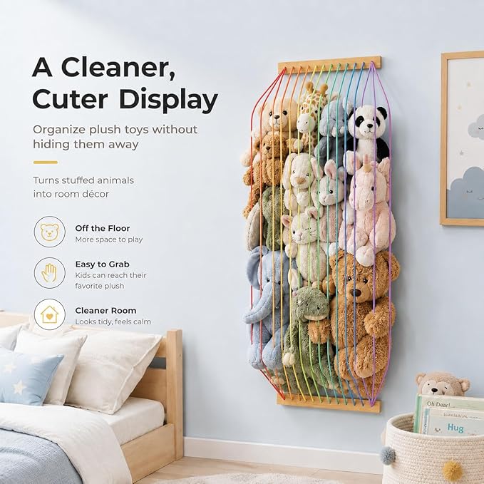 Stuffed Animal Storage Wood Soft Toy Organizer for Kids Room，Cute and Durable Wall or Door Mount Length Adjustable Hanging Stuffed Animal Toy Organizer Shelf for Nursery Play Room Rainbow -Patent