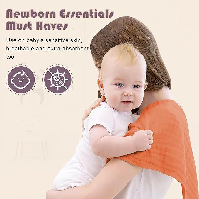 Ease Cubs Muslin Burp Cloths Large 100% Cotton Hand Washcloths for Boys & Girls, Baby Essentials Extra Absorbent and Soft Burping Rags for Newborn Registry (Vermilion, 12-Pack, 20" X10")