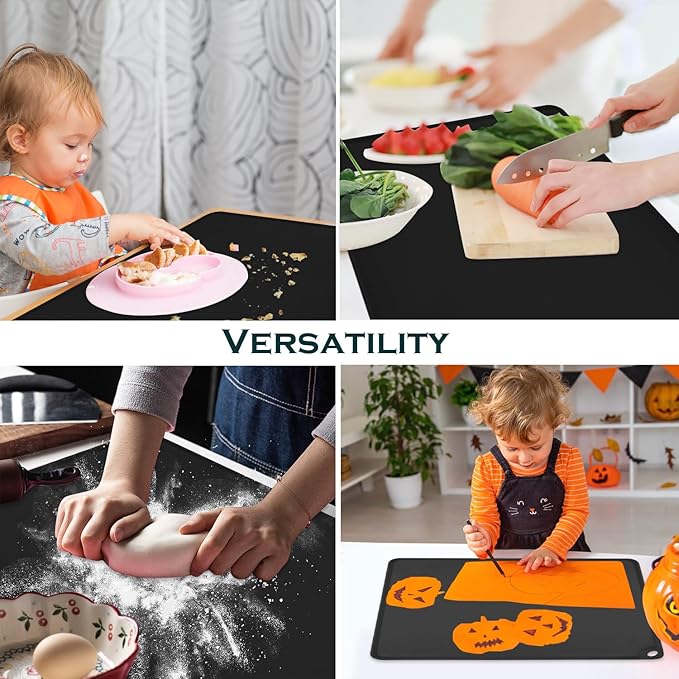 Black Silicone Placemats - Multipurpose Baby Food Mat & Reusable Countertop Mats with Raised Edges, Heat Resistant for Air Fryer (1 Pack, 19.7" x 15.7")