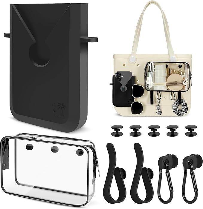 6PCS Compatible with Original Medium and Large Bogg Bag,Phone Holder for Inside and Outside of Bogg Bag Accessories,PVC Insert Bags,Hooks,and Keychain(Black)