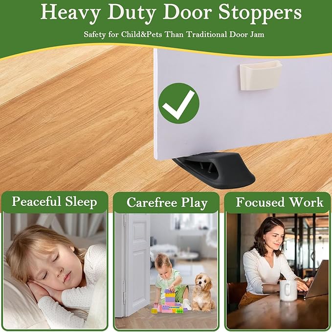 Fursafe&Q Rubber Door Stoppers for Bottom of Door, Door Stop Wedge with Holder, Heavy Duty Doorstops 2 Pack, Wall Protector for Home & Office & School & Commercial Doorstop Keep Open Stack Black