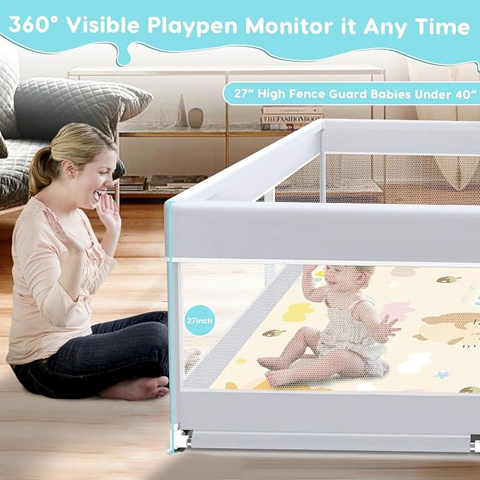 Fshibila Baby Playpen with Mat, Baby Playard for Toddlers, Sturdy Safety Play Yard with Soft Breathable Mesh, Anti-Fall, 50 * 50 * 27 inches Grey