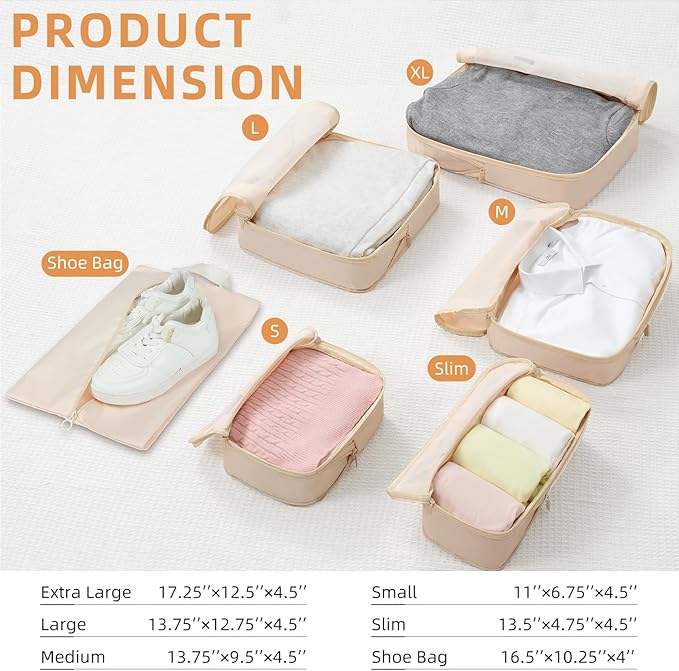 BAGAIL 4 Set/6 Set/8 Set Compression Packing Cubes Travel Accessories Expandable Packing Organizers (Square Mesh, 05-Cream)